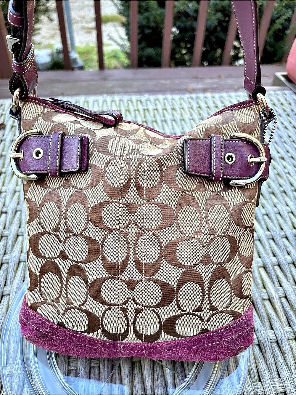 Coach Vintage Signature Suede Buckle Duffle Shoulder Bag 3577 Brown & Purple